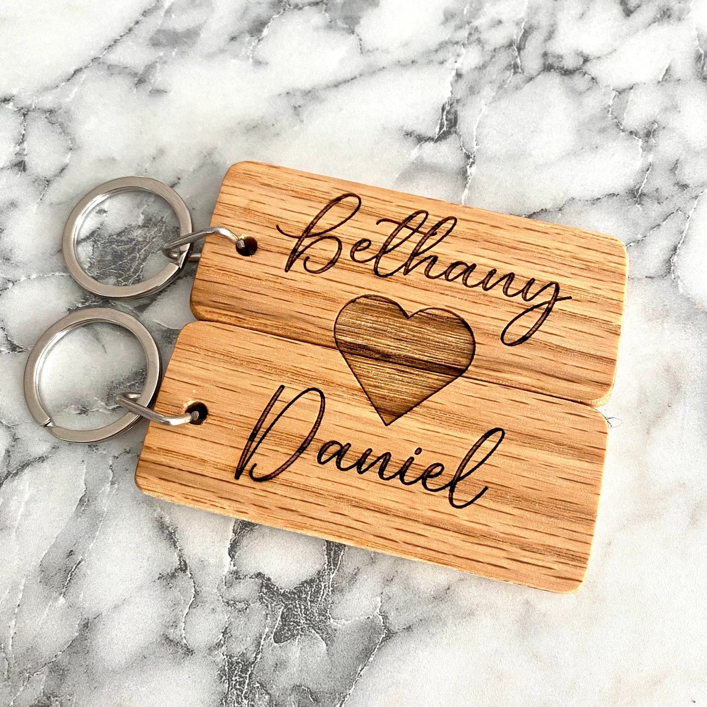 Couples Engraved Wood Keychain