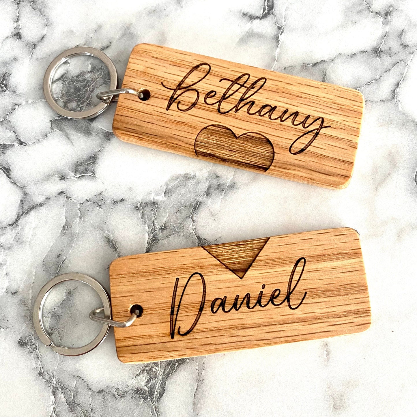 Couples Engraved Wood Keychain