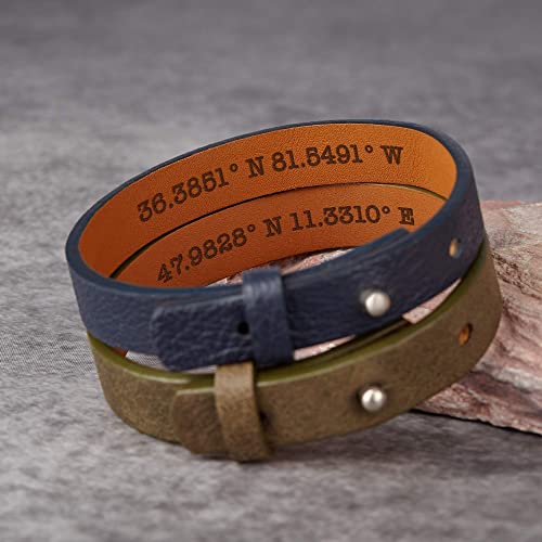 Coordinates Hidden Engraved Leather Bracelet, Anniversary Gift for Him