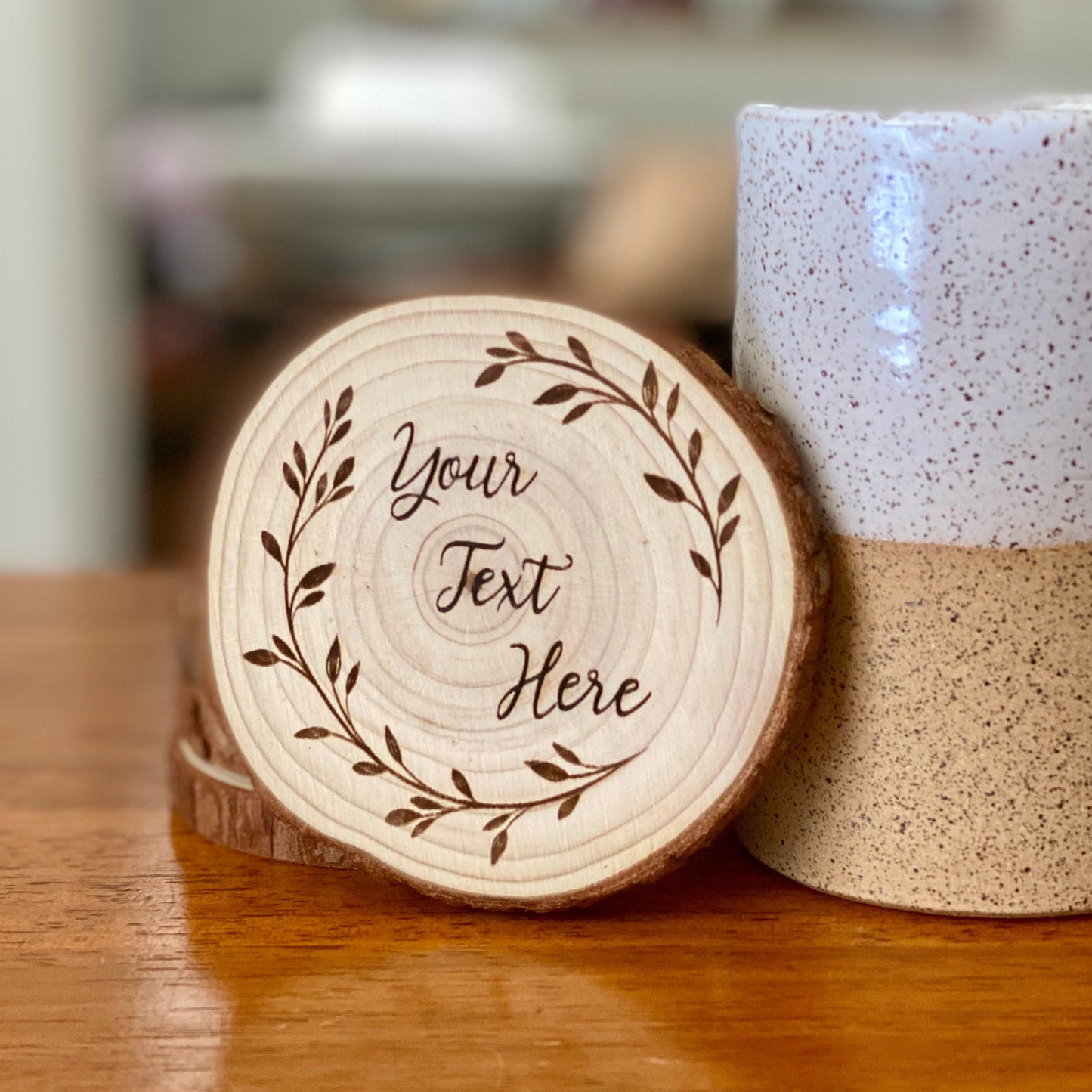 Custom Text Engraved Wood Coaster Set